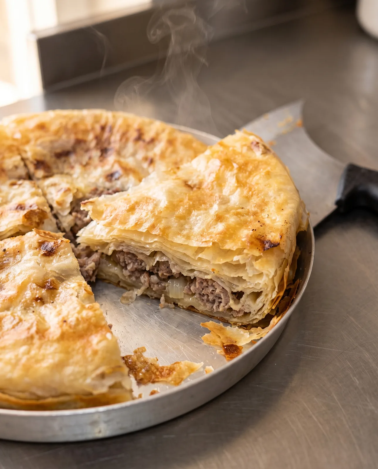 Angeschnittener Burek mit Fleischfüllung und hauchdünnen Teigschichten