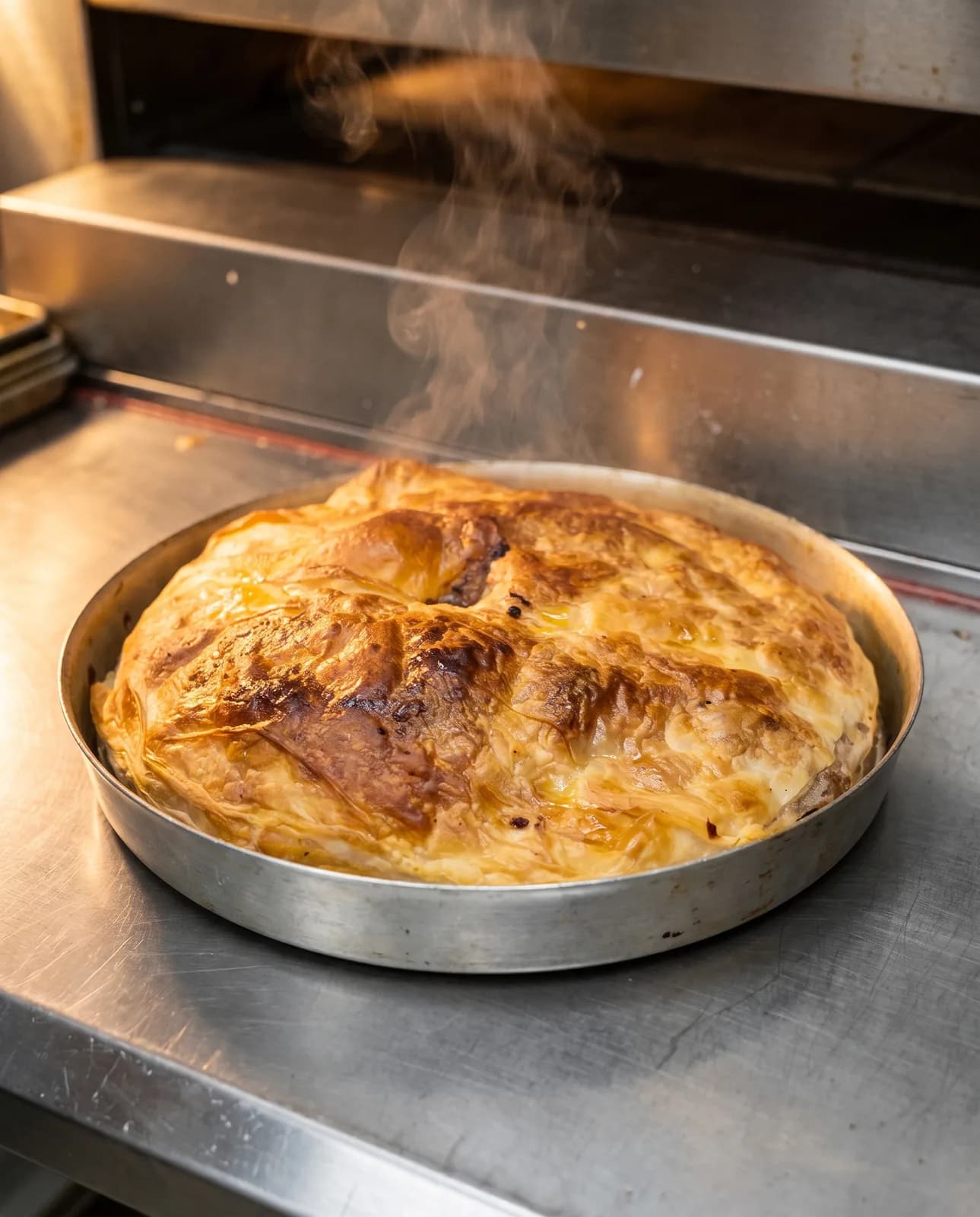 Ein ganzer Burek dampft frisch aus dem Ofen in der runden Tepsija