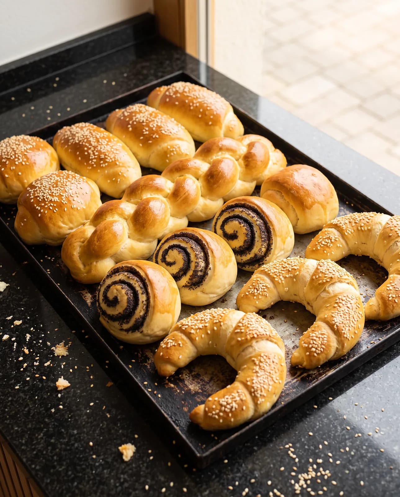 Blech mit Kleingebäck: Mohnschnecken, Sesamkipferl und geflochtene Brötchen