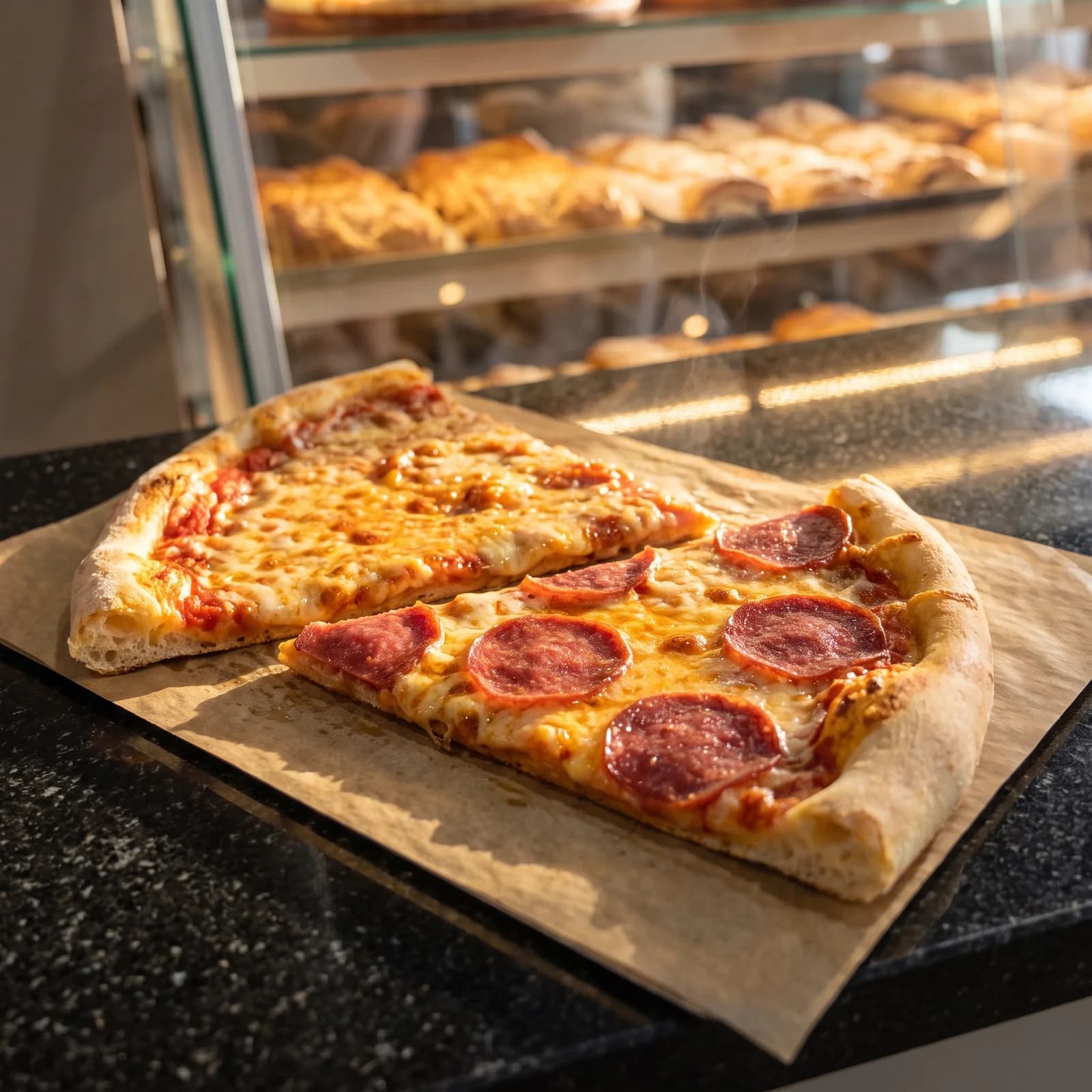 Zwei Pizza-Stücke mit Käse und Salami auf Backpapier vor der Vitrine