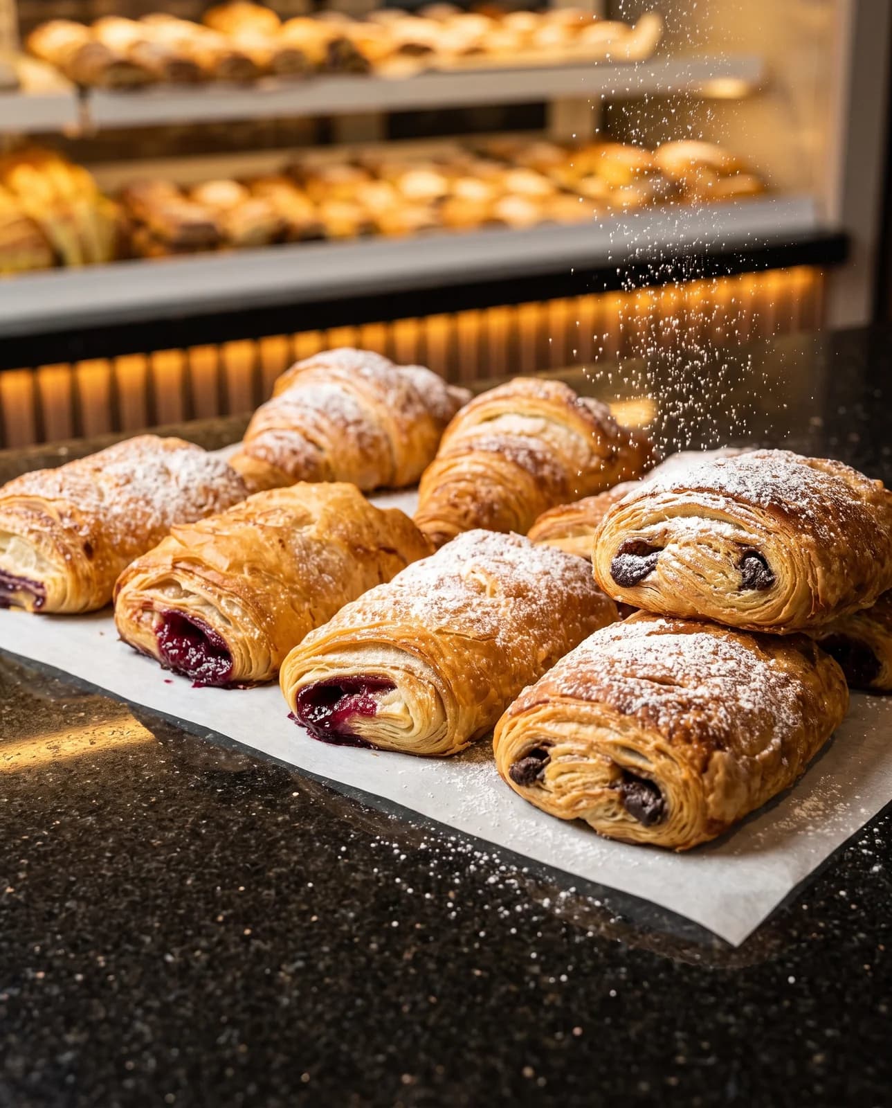 Plunder und Croissants mit Frucht- und Schokofüllung, mit Staubzucker bestäubt