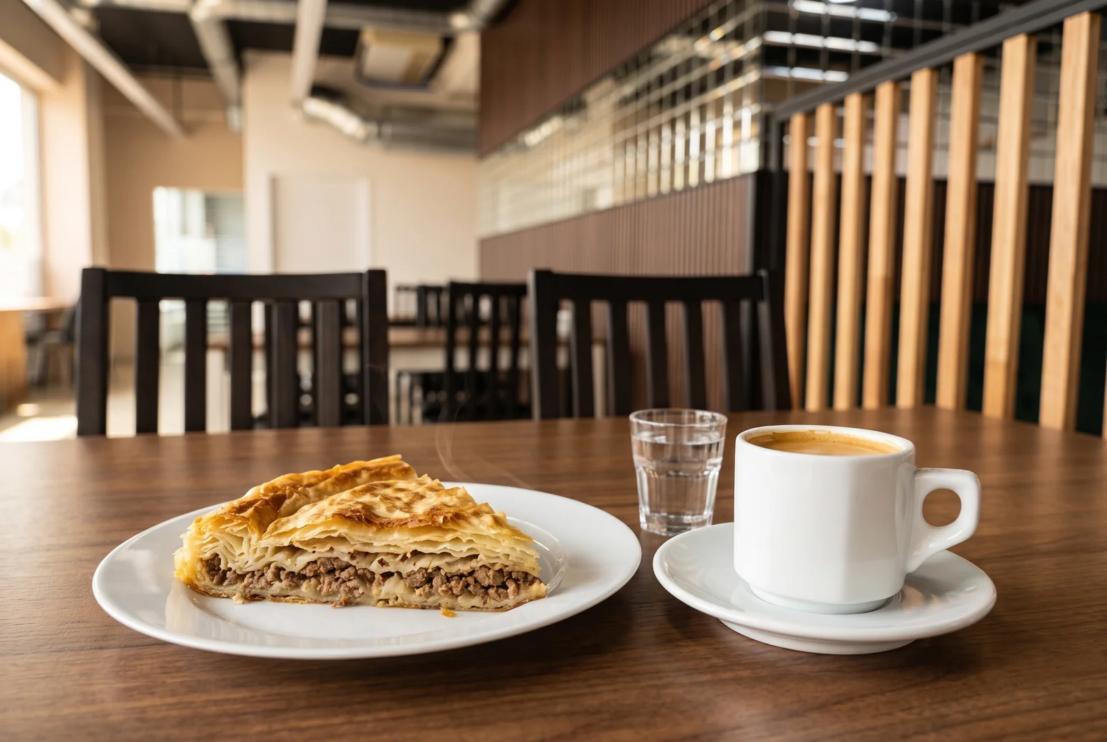 Ein Stück Burek mit Fleisch und ein Espresso auf einem Holztisch im Gastraum