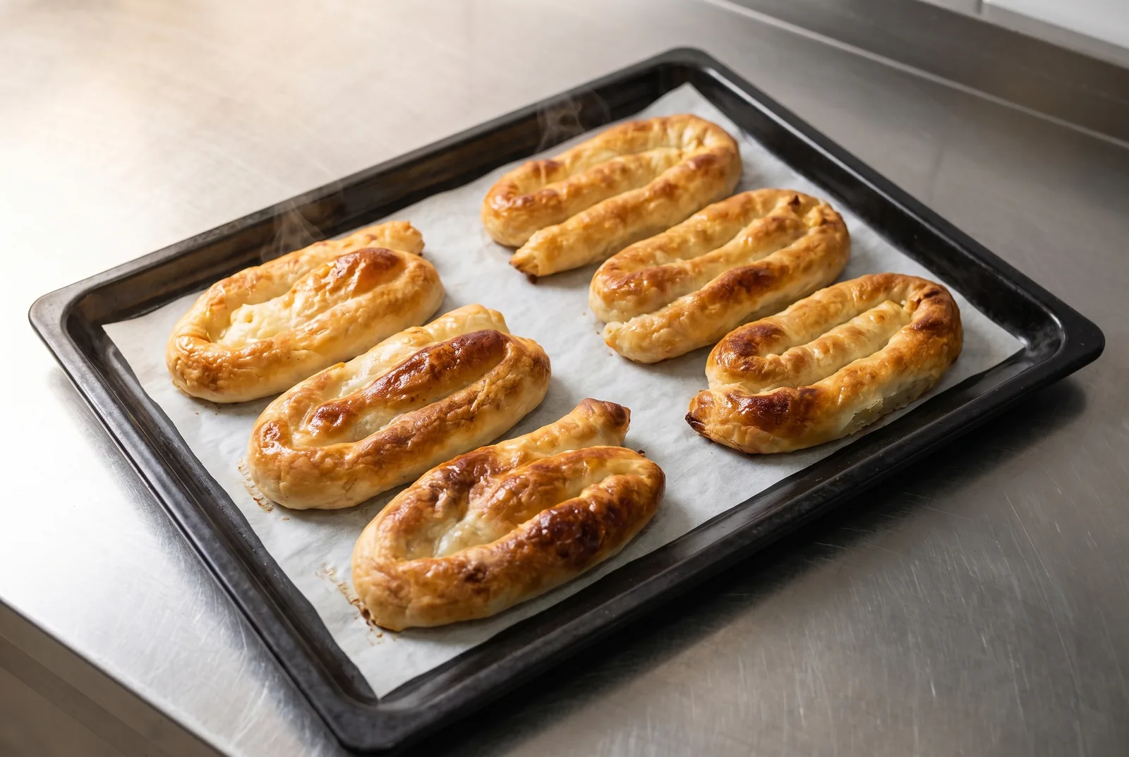 Burek-Schnecken auf dem Backblech, goldbraun gebacken