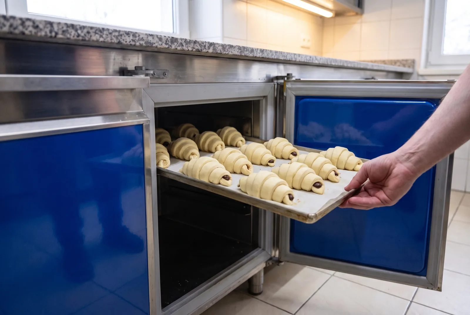 Ein Blech mit handgeformten Kipferln wird in den Ofen geschoben